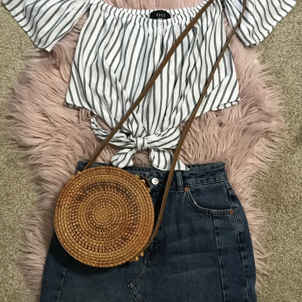 off the shoulder crop top with tie in front